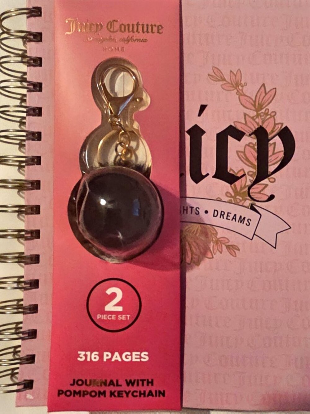 Juicy Couture Home Pink Spiral Journal 316 Pages w/ Pom Pom Keychain Set NWT